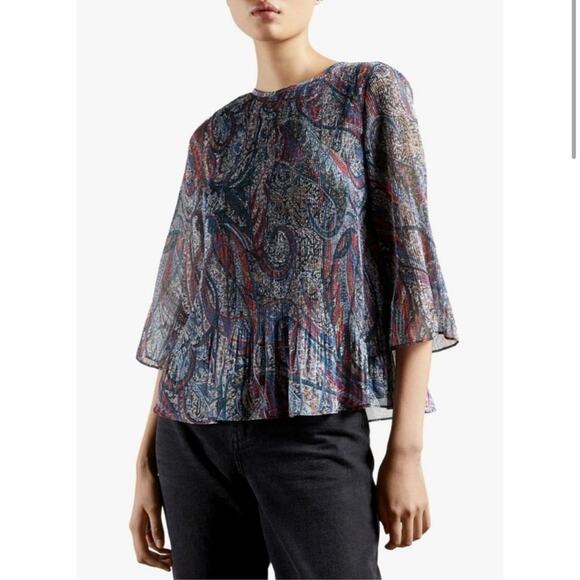 TED BAKER  BEAATHA - TEAL-BLUE BLOUSE PAISLEY SIZE 1 US XS - Picture 5 of 12